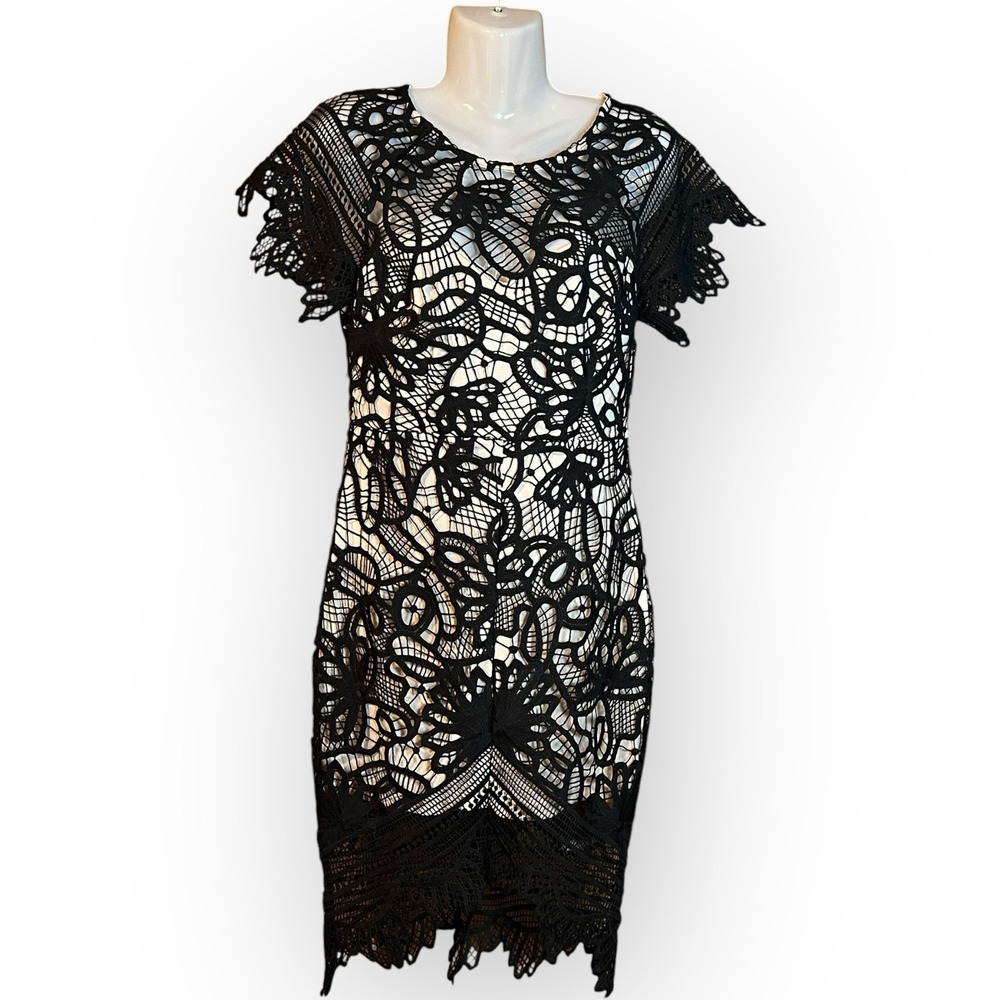 Black Lace Bodycon Short Sleeve Dress Lined Keyhole Back Med Whimsigoth Gothic‎